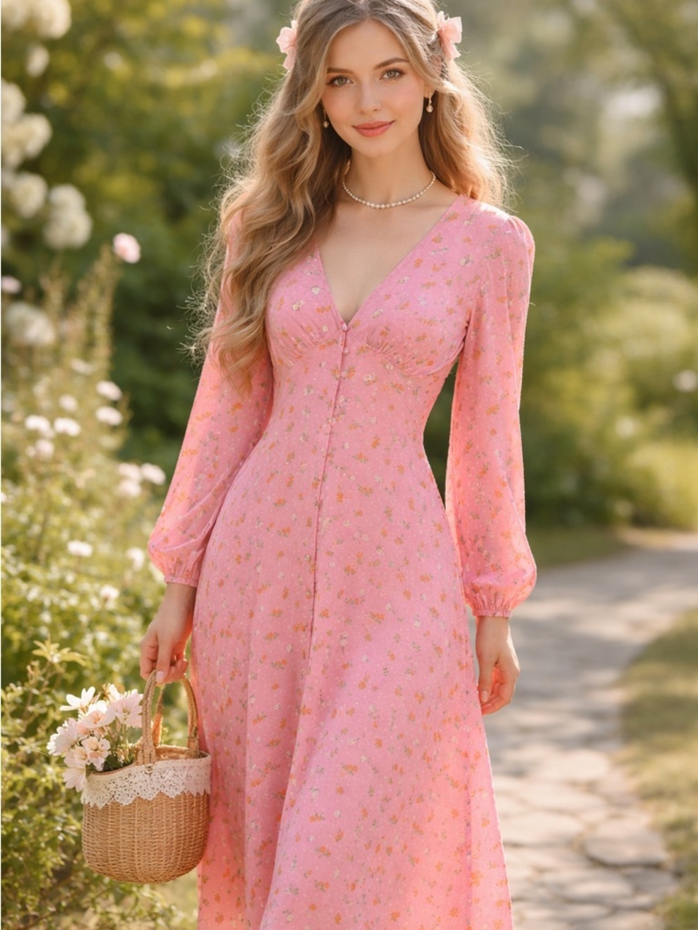 PIECES Pink Ditsy Floral Midi Dress BNWT Cottagecore Milkmaid Small